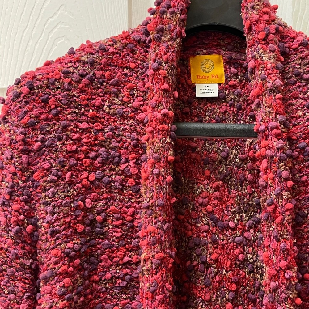Vintage Ruby Rd Women's Medium Red Boucle Shawl Collar Jacket Fringe Hem